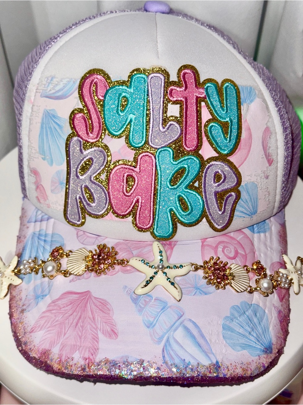 OTTO "Salty Babe" Trucker Hat w/ Shell Hat Chain Pink Purple Glitter
